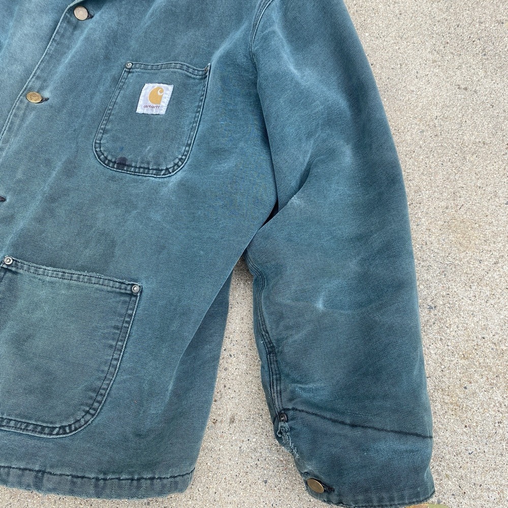 Vintage 80s 90s Carhartt Barn Jacket Coat L/XL Distressed Teal Green Made In USA - Picture 4 of 11
